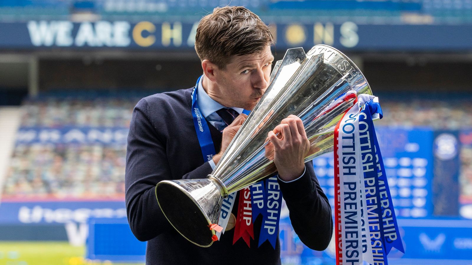Rangers manager Steven Gerrard with the Premiership trophy