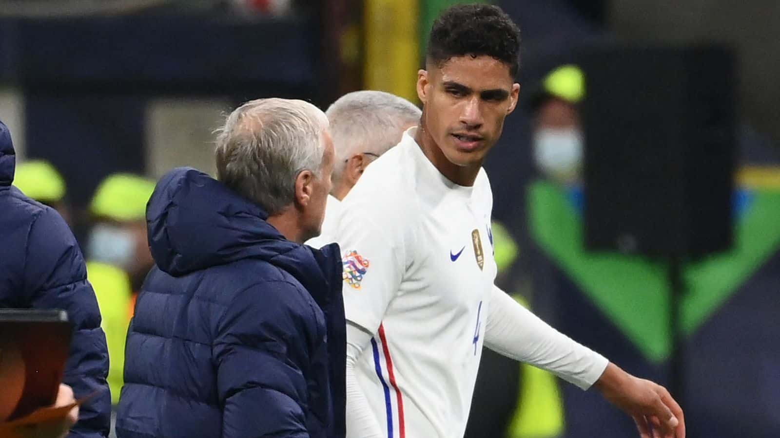An injured Raphael Varane leaves the field during France's Nations League final against Spain
