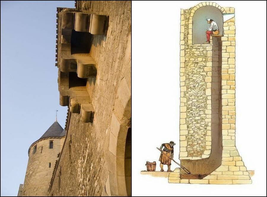 Muralla del castillo e ilustración de baño medieval
