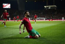 Portugal midfielder Bruno Fernandes after scoring a goal in the World Cup qualifier against North Macedonia.