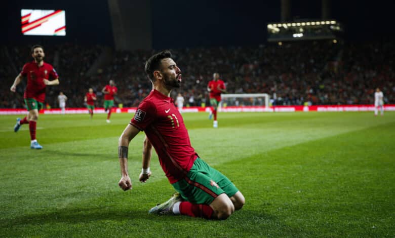 Portugal midfielder Bruno Fernandes after scoring a goal in the World Cup qualifier against North Macedonia.