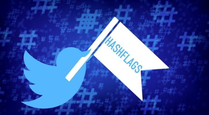 Pájaro de Twitter sosteniendo una bandera que dice "Hashflags"