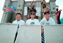 FILE - Former teen idols from the 50's and 60's Frankie Avalon, left, Fabian, center, and Bobby Rydell, right, show off their foot prints in plaster casts Friday, July 3, 1998, on the Boardwalk in Atlantic City, N.J. Rydell, a pompadoured heartthrob of early rock ‘n roll who was a star of radio, television and the movie musical “Bye Bye Birdie,” died Tuesday, April 5, 2022. He was 79. Along with James Darren, Fabian and Frankie Avalon, Rydell was among a wave of wholesome teen idols who emerged after Elvis Presley and before the rise of the Beatles. (AP Photo/B. Vartan Boyajian, File)