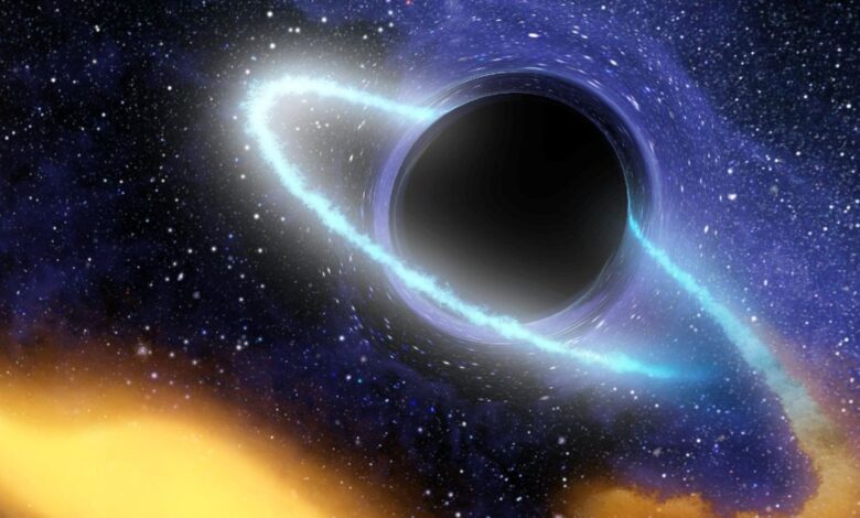 An illustration of a supermassive black hole at the center of a galaxy.