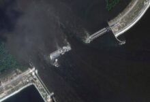 This image provided by Maxar Technologies shows Kakhovka dam and station in Ukraine after collapse, on June 7. (Satellite image ©2023 Maxar Technologies via AP)
