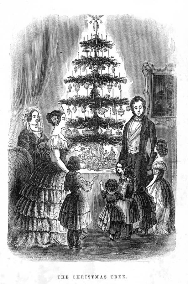 Ilustración de la familia real británica por los Godey alrededor del árbol de Navidad