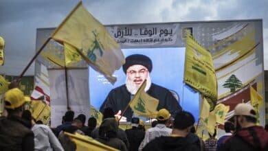 Sayyed Hassan Nasrallah, the leader of Hezbollah, addresses people from a screen in Baalbek, Lebanon, on May 1, 2018. Iran’s long history of building up proxy forces that fight its enemies around the region, as well as its conflicts with separatist and terrorist groups, have played into a spate of recent conflicts. (Diego Ibarra Sanchez/The New York Times)
