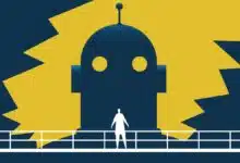An illustration of a scientist standing in front of a huge robot head.