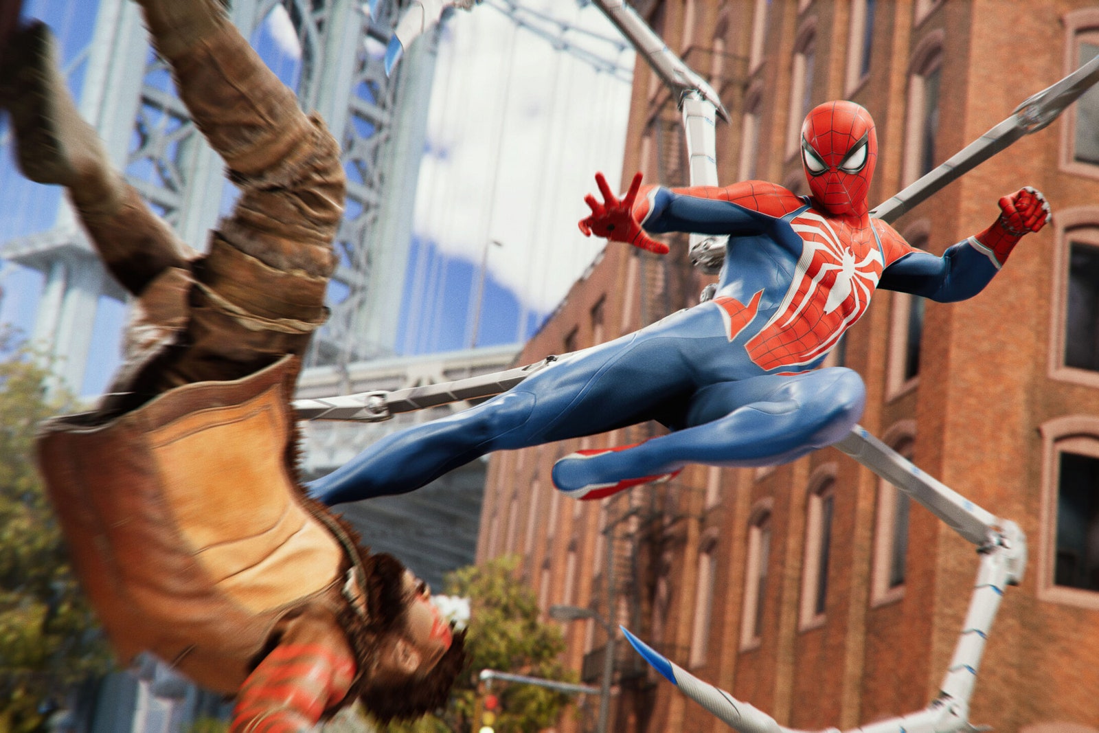Captura de pantalla del juego Marvel's Spider-Man 2, en el que Spider-Man lucha contra un villano.